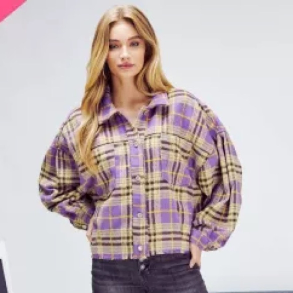 DAVI & DANI Purple Plaid Cropped Shacket | Snap Button Jacket | Size M